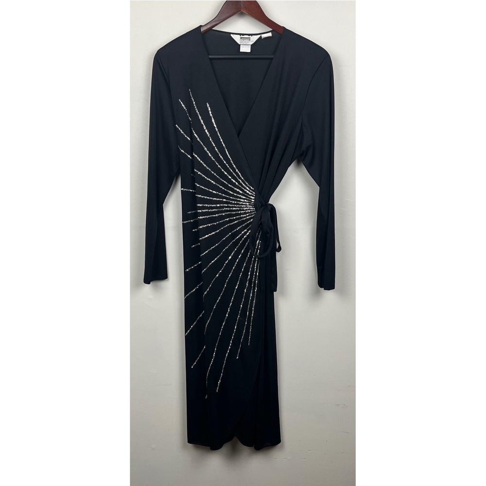 Vintage Montgomery Ward Black Wrap Dress Silver Glitter Starburst Size 17/18